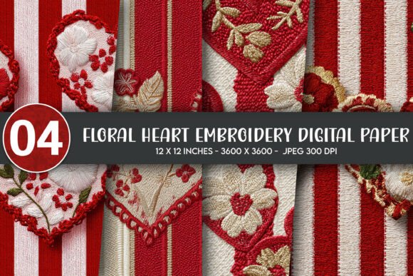 Download Floral Heart Embroidery Digital Paper - Floral heart embroidery Collection