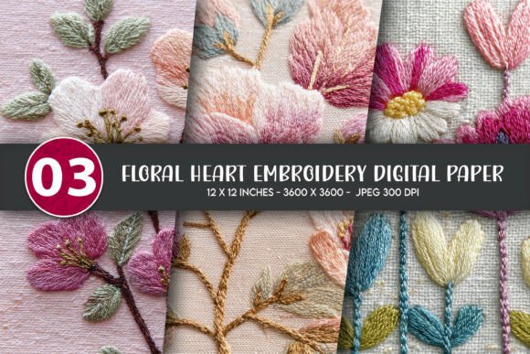 Download Floral Heart Embroidery Digital Paper - Floral heart embroidery Collection