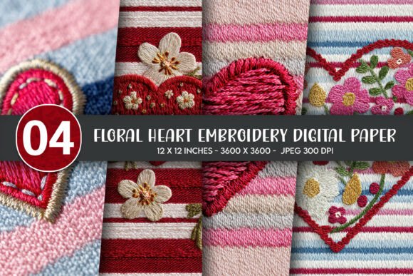 Download Floral Heart Embroidery Digital Paper - Floral heart embroidery Collection